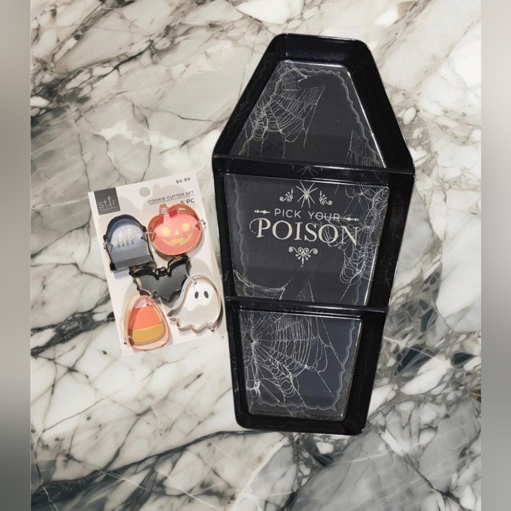 Black Coffin-Shaped Tray with Halloween Cookie Cutters NWT